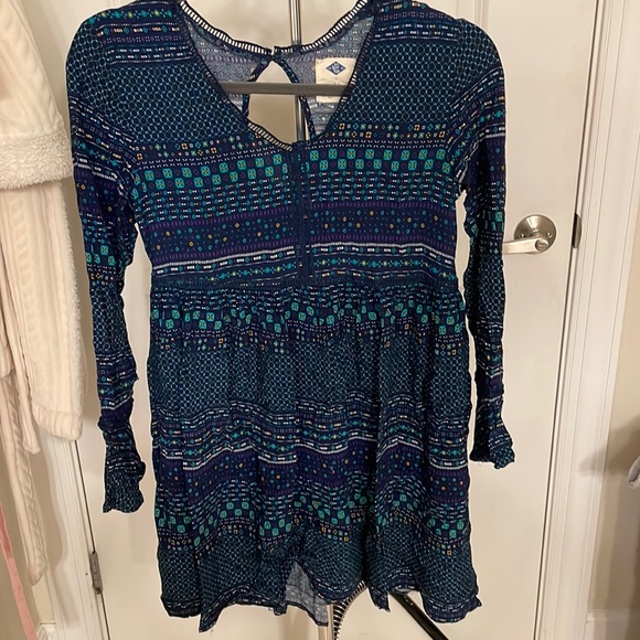 Navy Blue Geometric Pattern Long Sleeve Dress - Picture 1 of 6